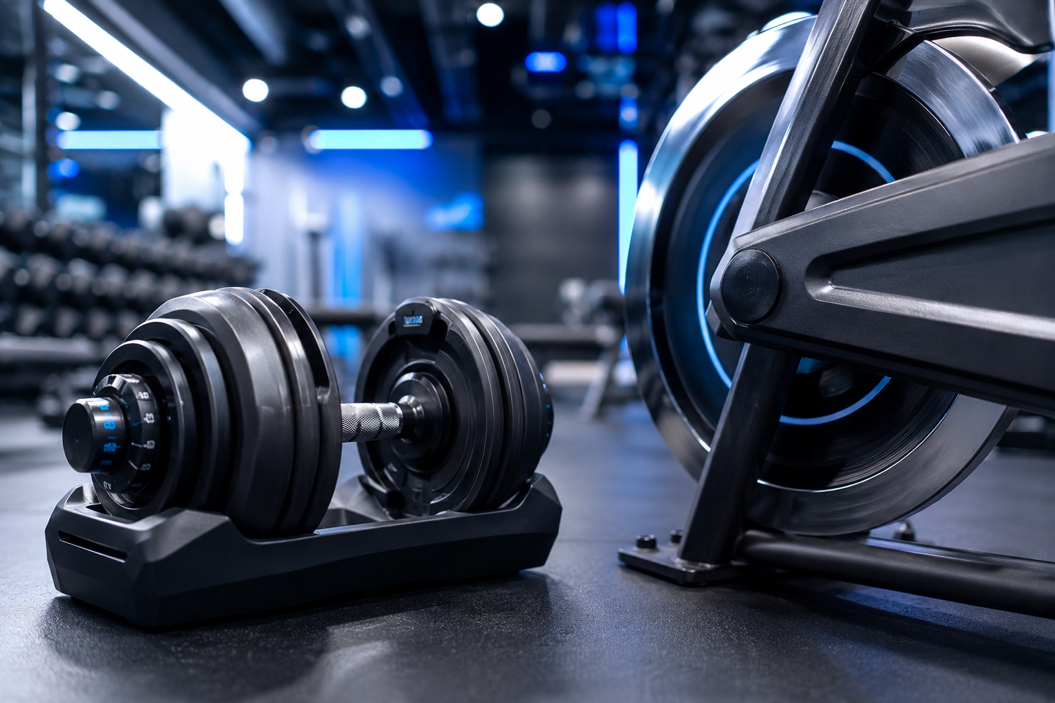 Krachttraining gewichten en cardio fitnessapparatuur in een moderne sportschool