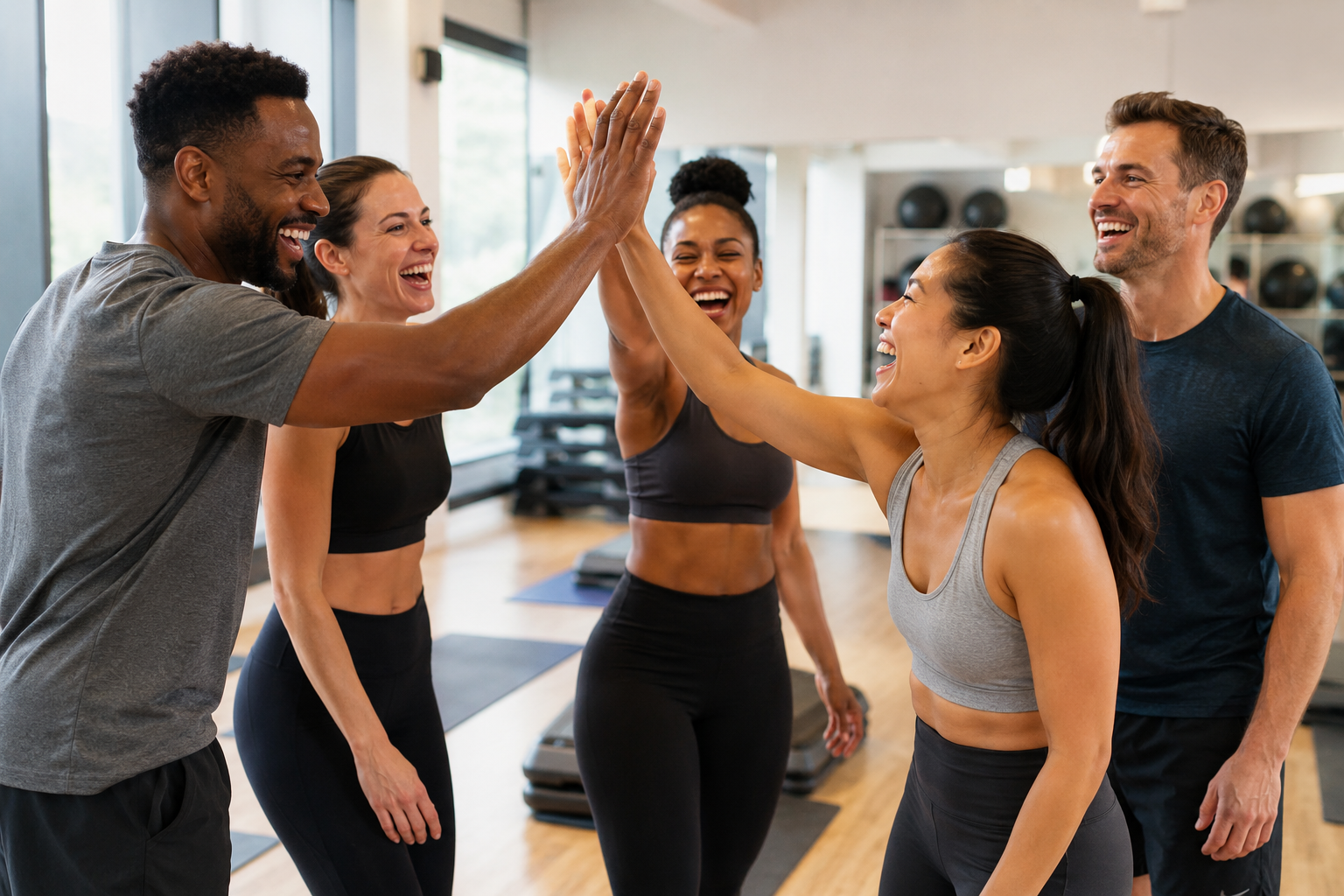Enthousiaste groep mensen die elkaar een high-five geeft tijdens een groepsles in de sportschool