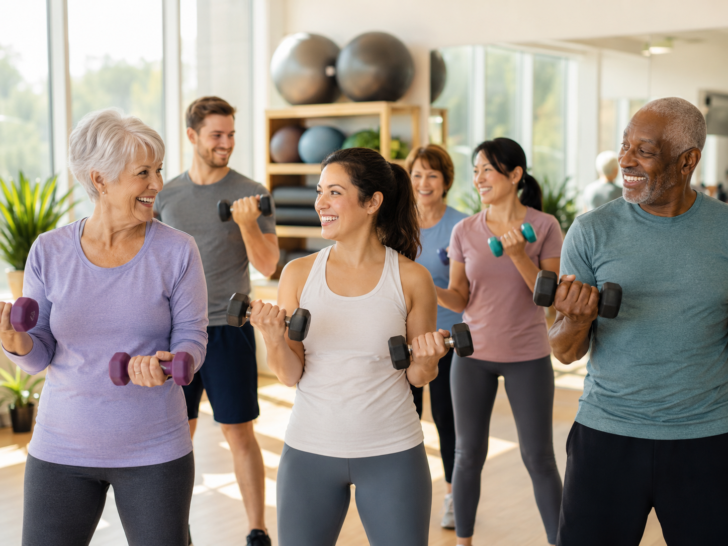 Actieve en vrolijke senioren die lichte fitnessoefeningen doen in een groepsles